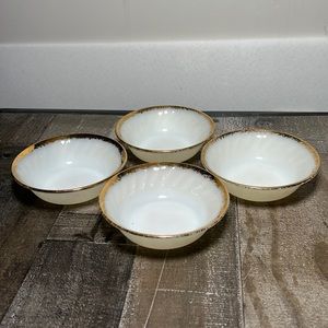 Vintage Fire King White Swirl Dessert Fruit Bowls 22K Gold Trim 1960's Set 4